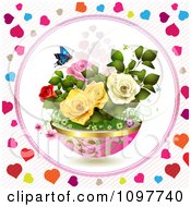 Clipart Planter Of Spring Flowers With A Butterfly Framed By Colorful Hearts Royalty Free Vector Illustration