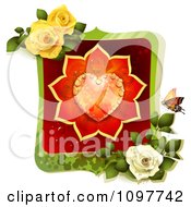 Poster, Art Print Of Valentines Day Or Wedding Frame With A Dewy Orange And Red Rose Heart Butterfly And Roses