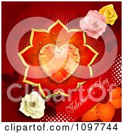 Poster, Art Print Of Red Valentines Day Banner With A Dewy Floral Heart And Roses On Red