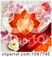 Poster, Art Print Of Red Valentines Day Banner With A Dewy Floral Heart And Roses