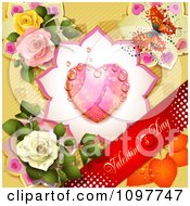 Poster, Art Print Of Red Valentines Day Banner With A Butterfly Dewy Heart And Roses Over Yellow