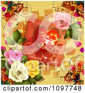 Poster, Art Print Of Valentines Day Card With Dewy Colorful Roses And Butterflies On Yellow
