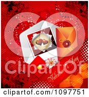 Poster, Art Print Of Heart Valentines Day Card And Banner And Butterflies On Red 2