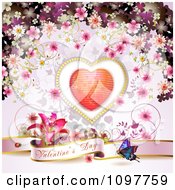 Poster, Art Print Of Pink Valentines Day Banner With A Butterfly Heart And Blossoms 1