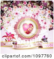 Poster, Art Print Of Pink Valentines Day Banner With A Butterfly Heart And Blossoms 2