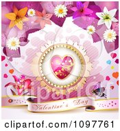Poster, Art Print Of Pink Valentines Day Banner With A Butterfly Heart And Blossoms 3