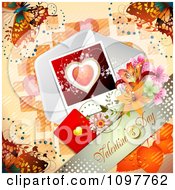 Poster, Art Print Of Heart Valentines Day Card With Flowers And Butterflies On Orange
