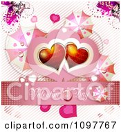 Clipart Pink Valentines Day Banner With Two Hearts And Butterflies 2 Royalty Free Vector Illustration