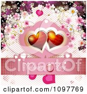 Poster, Art Print Of Pink Valentines Day Banner With Two Red Hearts And Blossoms
