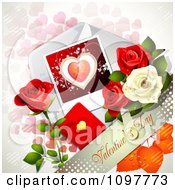 Poster, Art Print Of Valentines Day Banner With Dewy Roses And A Card Over Pink Hearts