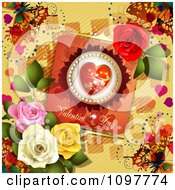 Poster, Art Print Of Heart Valentines Day Card With Beautiful Roses And Butterflies On Yellow