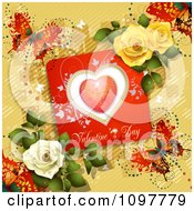 Poster, Art Print Of Valentines Day Card With Dewy Roses And Butterflies On Yellow