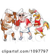 Poster, Art Print Of Tough Cow Pig And Rooster Chefs Holding Poultry Pork And Beef