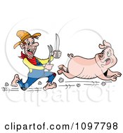Clipart Hungry Hillbilly Man Chasing A Pig With A Knife And Fork Royalty Free Vector Illustration