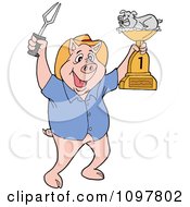 Clipart Happy Pig Chef Holding Up A Bbq Trophy Award Royalty Free Vector Illustration