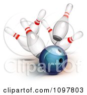 Poster, Art Print Of 3d Blue Bowling Ball Smashing Into Pins And Getting A Strike
