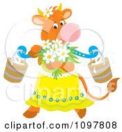 Poster, Art Print Of Feminine Dairy Cow With Flowers And Milk Buckets