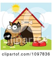 Poster, Art Print Of Happy Brown Bull Terrier Sitting By A Bone In A Bowl Outside His House