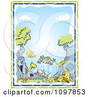 Poster, Art Print Of Boys Border Of A Dog Tree Animals And Insects Against Blue Sky With Green And Blue Edges