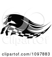 Black And White Running Race Horse And Checkered Flag