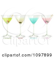 Poster, Art Print Of 3d Martini Pink Gin Blue Lagoon And Apple Martini Cocktails