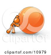 Strong Orange Business Man Pushing An Orange Sphere