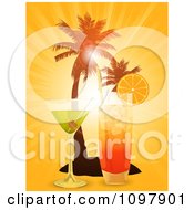 Poster, Art Print Of 3d Cocktail Drinks And Silhouetted Palm Trees Against An Orange Sunset