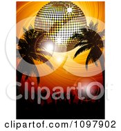 Poster, Art Print Of 3d Gold Disco Ball Over Silhouetted Palm Trees And A Crowd Of Hands On An Orange Swirl