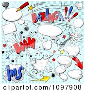 Cartoon Comic Clouds Sounds And Speech Balloons On Blue Halftone