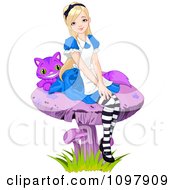 Alice Seated On A Purple Mushroom With The Cheshire Cat In Wonderland
