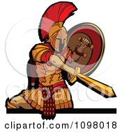 Poster, Art Print Of Stabbing Spartan Warrior Mascot Holding His Shield To The Side And Shown From The Knees Up