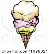 Clipart Waffle Ice Cream Cone With Three Scoops Royalty Free Vector Illustration