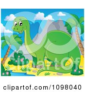Poster, Art Print Of Happy Green Brontosaurus Dinosaur Near Mountains