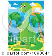 Happy Green Brontosaurus Dinosaur Leaning Upright Between Palm Trees