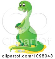 Clipart Happy Green Brontosaurus Dinosaur Leaning Upright Royalty Free Vector Illustration