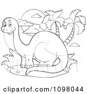 Poster, Art Print Of Outlined Happy Brontosaurus Dinosaur By Palm Trees