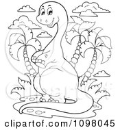 Poster, Art Print Of Outlined Happy Brontosaurus Dinosaur Leaning Upright