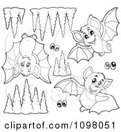 Clipart Outlined Cute Purple Bats Eyes And Cave Formations Royalty Free Vector Illustration