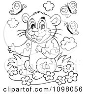 Poster, Art Print Of Cute Outlined Hamster With Flowers And Butterflies