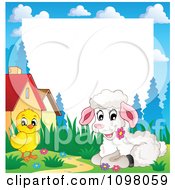Poster, Art Print Of Easter Frame With A Cute White Lamb And Chick Around White Space