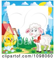 Poster, Art Print Of Easter Frame With A Cute White Lamb And Hatching Chick Around White Space