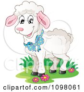 Poster, Art Print Of Cute White Lamb Wearing A Blue Bow