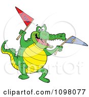 Poster, Art Print Of Happy Sports Fan Gator Jumping Up And Down With Flag