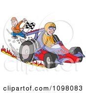 Clipart Happy Man Waving A Checkered Flag At A Race Car Driver At The Finish Line Royalty Free Vector Illustration