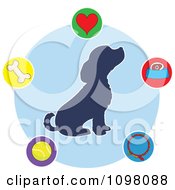 Silhouetted Seated Puppy In A Blue Circle Surrounded By Dog Items