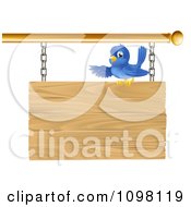 Cute Bluebird Perched On And Presenting A Hanging Wooden Sign