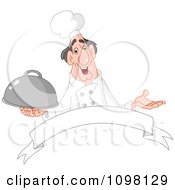 Clipart Friendly Male Chef Or Caterer Holding A Platter Over A Blank Banner Royalty Free Vector Illustration