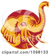 Clipart Orange And Red Retro Elephant With A Raised Trunk Royalty Free Vector Illustration