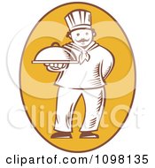 Retro Woodcut Chef Holding Out A Platter In A Yellow Oval