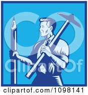 Retro Woodcut Blue Draftsman Architect Holding A Large Pencil And T-Square
